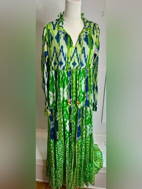 Bianca Paris Ikat Tiered Maxi Dress TU Green Blue Resort Boho